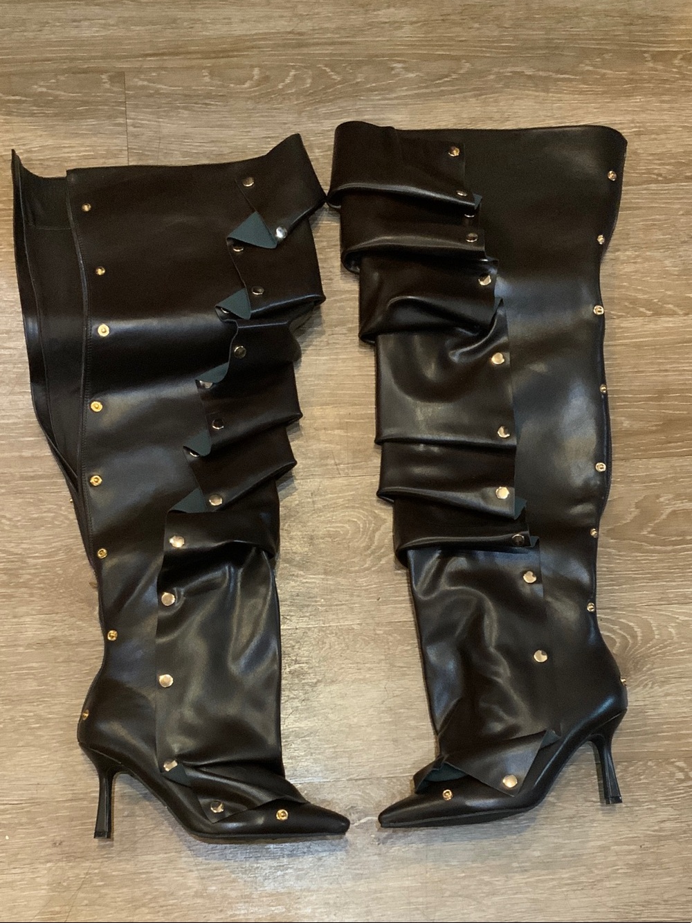 Over-the-Knee Black Stiletto Boots with Gold Stud Accents
